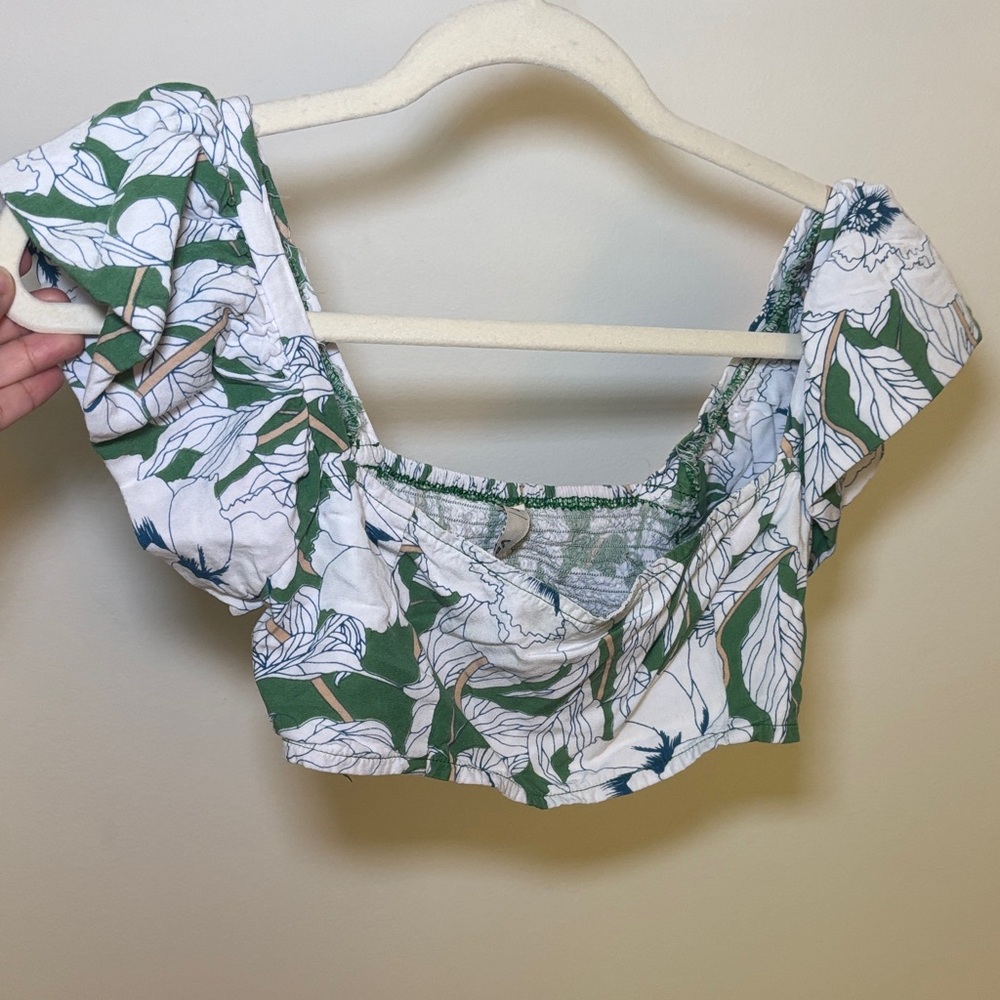 Floral Ruffle Sleeve Blouse - Green and White